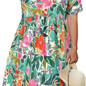 Plus Size Summer Dress Floral Babydoll Short Sleeve Pockets Casual